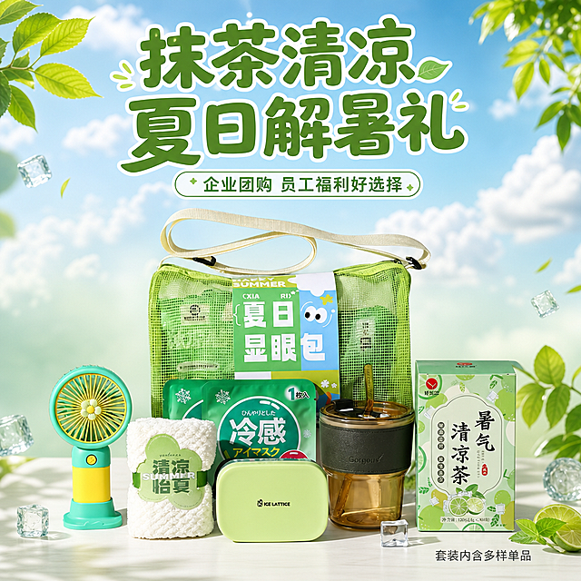 [第1屏] 详情页头图 - 抹茶清凉夏日解暑企业团购礼品套装（夏日显眼包）氛围宣传图。本屏使用【图1】作为商品主体。
[氛围/风格] 清新夏日风，通透干净，商业摄影质感，突出清凉解暑氛围。
[元素布局] 礼品套装主体放置在画面中心，占比约70%，保留产品原有结构、颜色和所有单品位置一致；背景为蓝天白云+浅绿渐变，点缀几片新鲜绿叶和透明冰块；前景用浅色桌面衬托，营造夏日清爽氛围感；整体产品轮廓、单品数量和包装文字均保持与原图一致。
[光影质感] 顶部自然光柔照射，底部自然柔和阴影，整体光影明快通透，单品清晰突出。
[配色色系] 全局底色 #f2f9f4，主色抹茶绿，辅助色浅蓝天空白，点缀色棕黄。
[视角构图] 正面平视视角，产品为绝对视觉中心，阅读动线从上到下：标题区 → 产品主体 → 底部信息区。
[文字版式] 顶部主标题「抹茶清凉 夏日解暑礼」，副标题「企业团购 员工福利好选择」，字体用圆润粗黑，居中对齐；主标题大字，副标题稍小；右下角标注「套装内含多样单品」小字信息；文字不遮挡主体产品。
[比例分辨率] 3:4 竖版比例，4K分辨率，文字清晰可辨，高清画质。
[负向提示词] 产品变形，缺件错件，包装文字错乱，颜色偏差，水印，文字过小，背景杂乱
