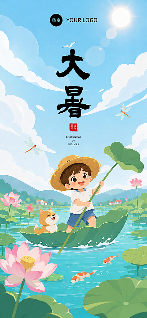 传统节气大暑清新治愈风插画手机全屏海报