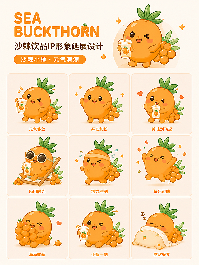 沙棘饮品IP形象延展，统一使用沙棘小橙水果IP形象，展示不同动态造型，保持和参考图一致的可爱萌系风格，沙棘橙色为主色调
