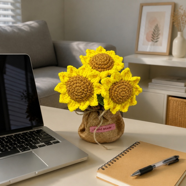 [Product 1 - Sunflower Potted] Scene display. Handmade crochet sunflower pot placed on a modern mini预览效果