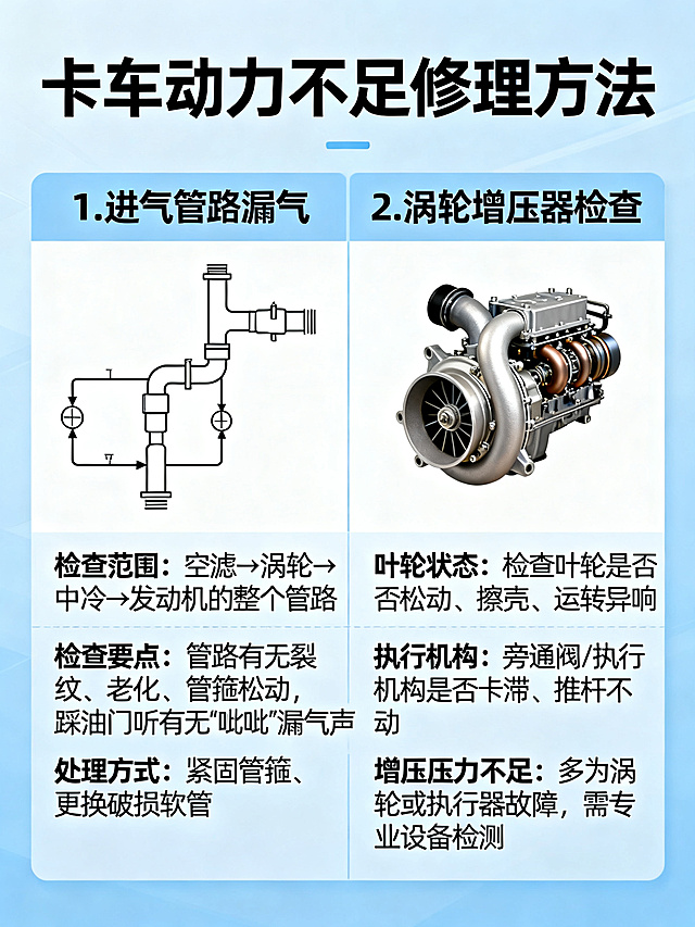 制作一张卡车维修干货科普图片，包含文字内容：卡车动力不足修理方法1. 进气管路漏气，检查范围：空滤→涡轮→中冷→发动机的整个管路，检查要点：管路有无裂纹、老化、管箍松动，踩油门听有无 “呲呲” 漏气声，处理方式：紧固管箍、更换破损软管；2. 涡轮增压器检查，叶轮状态：检查叶轮是否松动、擦壳、运转异响，执行机构：旁通阀 / 执行机构是否卡滞、推杆不动，增压压力不足：多为涡轮或执行器故障，需专业设备检测。采用简洁清晰的干货排版风格，适合汽车维修科普