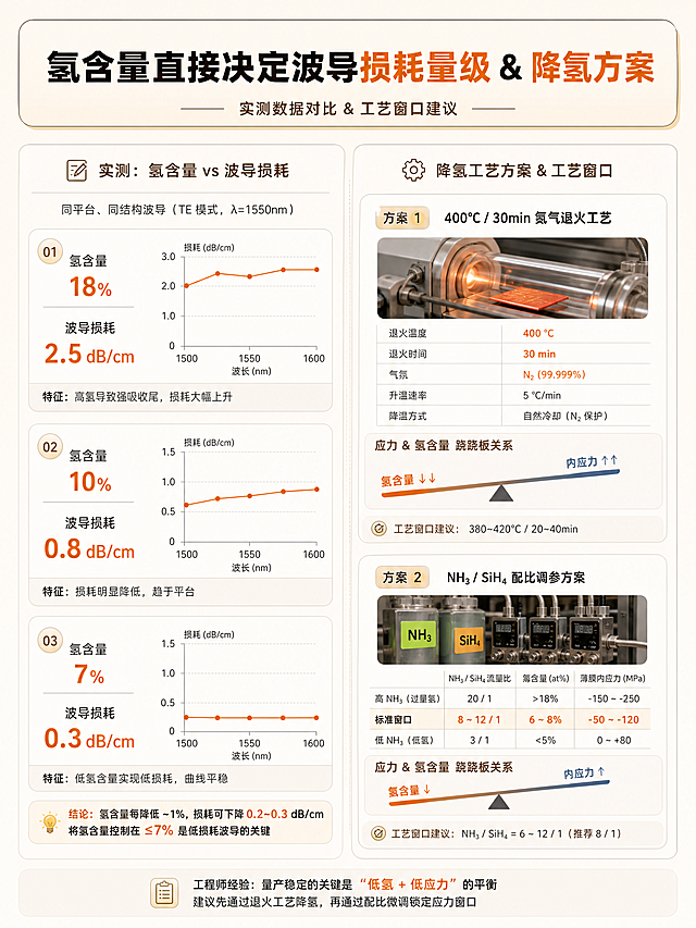 小红书正文配图第3张【损耗对应&工艺窗口页】，全局风格约束：暖色技术博主风，米灰暖白柔和底色，禁止纯黑色背景、赛博HUD特效、科幻UI、Q版卡通、学术论文样式，工程写实示意图，不要过度艺术渲染，竖版3:4，四周预留安全留白，文字远离画布边缘。顶部设置加粗标题栏：氢含量直接决定波导损耗量级 & 降氢方案，参数重点数字浅橙色高亮，使用圆角卡片、浅灰分割线。画面内容：左右分栏设计，左侧对比三组实测数据：18%→2.5dB/cm、10%→0.8dB/cm、7%→0.3dB/cm；右侧两张工艺参数卡片，分别展示400℃/30min氮气退火工艺、NH₃/SiH₄配比调参方案，标注应力与氢含量工艺跷跷板关系，重点数据高亮。微纳薄膜工艺干货，工程师量产经验帖，整套视觉统一风格。
