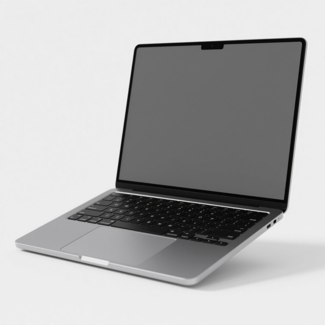 极简主义风格的笔记本电脑正面视图，白色背景，黑色机身，银色边框，黑色键盘，触控板，灰色屏幕，光滑的金属质感，清晰的线条，高对比度，写实主义，电子产品渲染图，不同样式的笔记本电脑设计，保持极简风格预览效果