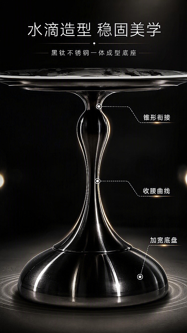 [第4张] 详情页结构解析页-不锈钢黑钛水滴底座承托结构展示。本张使用【图1】作为商品主体，重点展示底座部分，保持结构、材质、颜色与原图一致。
[氛围/风格] 工业轻奢结构风，深黑背景，金属质感强烈，科技感光影。
[元素布局] 画面中央为边几侧视角度，底座占画面主体约60%，水滴形流线造型清晰可见；底座周围以虚线+标注形式展示3处结构亮点：顶部锥形衔接、中部收腰曲线、底部加宽圆盘；背景为深黑色渐变，点缀微弱光斑。
[光影质感] 侧上方主光打出金属高光条，底部反光板提亮暗部，黑钛金属呈现深邃光泽与细腻拉丝质感，整体立体感强。
[配色色系] 全局底色 #111111 纯黑渐变；主色黑钛金属色；辅助色白色标注线、金色高亮。
[视角构图] 侧面微仰视视角，底座为视觉中心，三点标注环绕分布，阅读动线由中心向四周扩散。
[文字版式] 顶部主标题「水滴造型 稳固美学」，副标题「黑钛不锈钢一体成型底座」；三处标注各配4-6字短标签「锥形衔接」「收腰曲线」「加宽底盘」；文字为白色细体，标注线纤细精致。
[比例分辨率] 9:16 竖版比例，4K 分辨率，文字清晰可辨，高清画质。
[负向提示词] 底座变形，结构错误，颜色偏差，水印，文字错乱，文字过小，产品图模糊，背景杂乱。