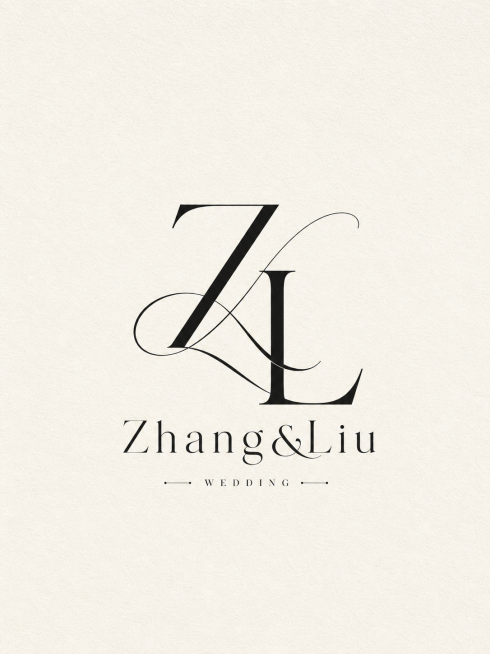 参考图片中的极简轻奢婚礼logo设计风格，设计Zhang&Liu婚礼logo，包含字母ZL的艺术化交织设计，搭配文字Zhang&Liu，保持整体简约高级干净的排版，米白色肌理背景，黑色logo文字预览效果