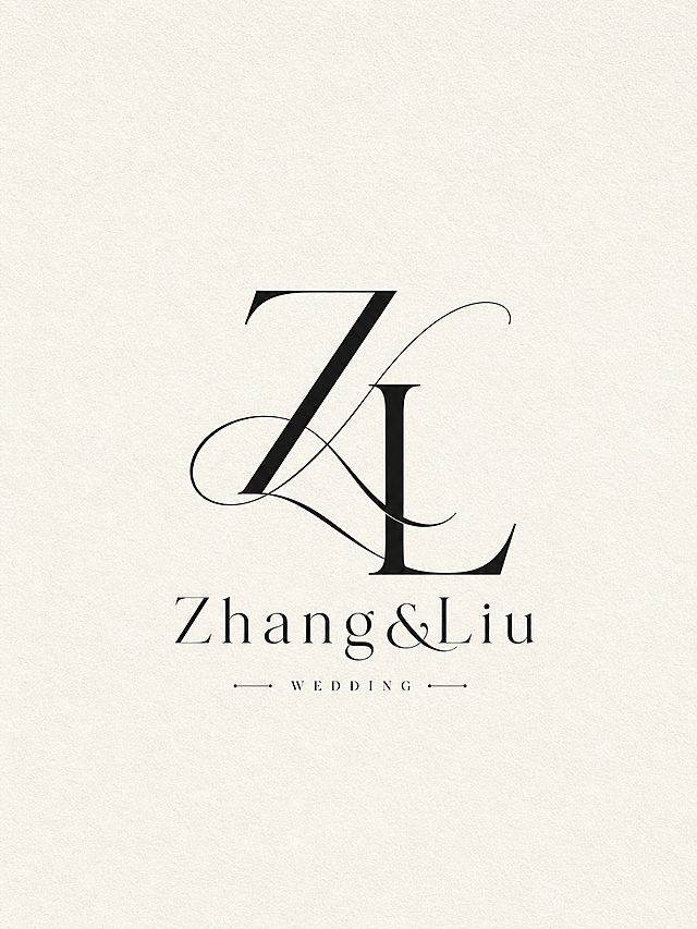 参考图片中的极简轻奢婚礼logo设计风格，设计Zhang&Liu婚礼logo，包含字母ZL的艺术化交织设计，搭配文字Zhang&Liu，保持整体简约高级干净的排版，米白色肌理背景，黑色logo文字