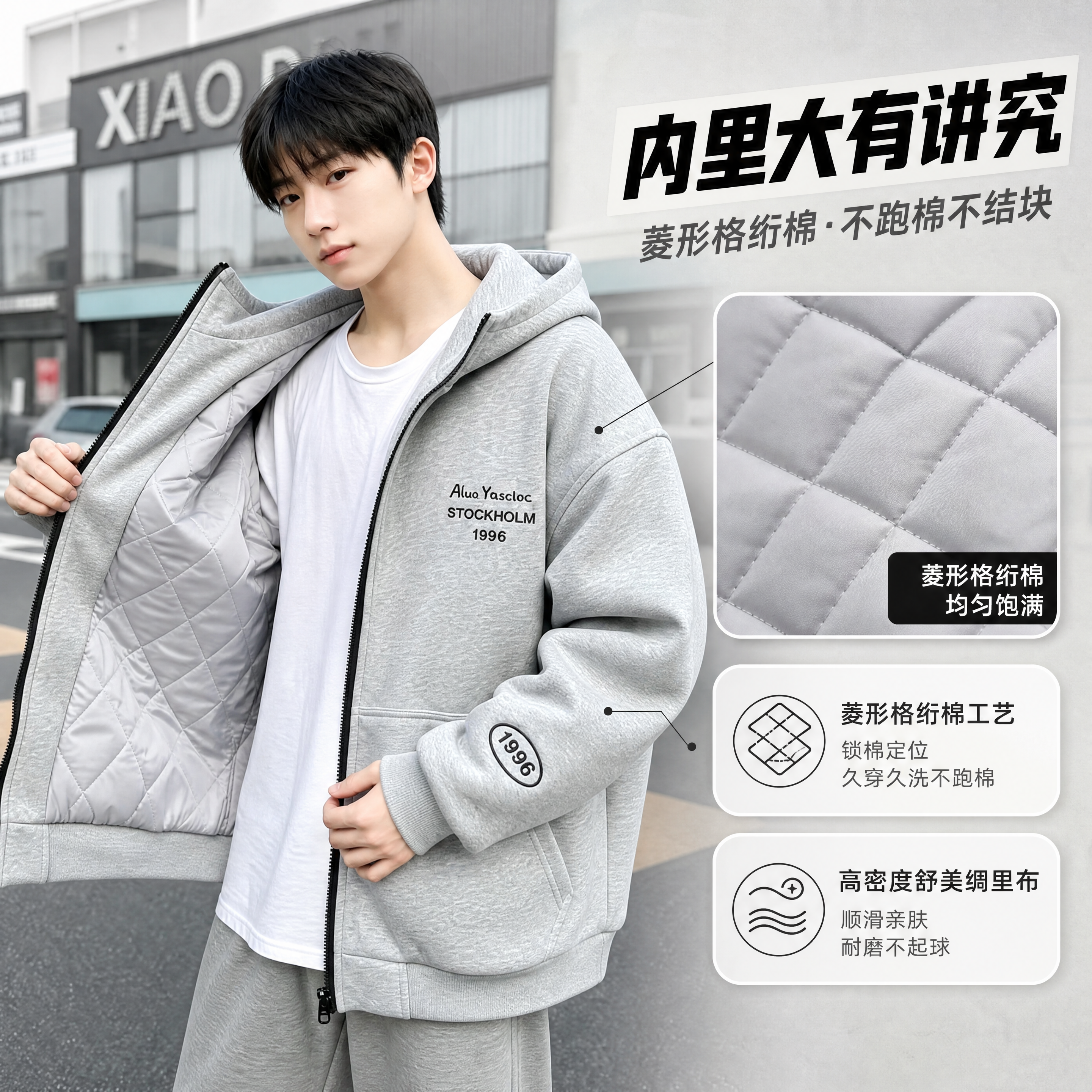 [商品] 使用【图3】灰色连帽开衫棉服，年轻亚洲男模特拉开拉链… - 图片创意预览