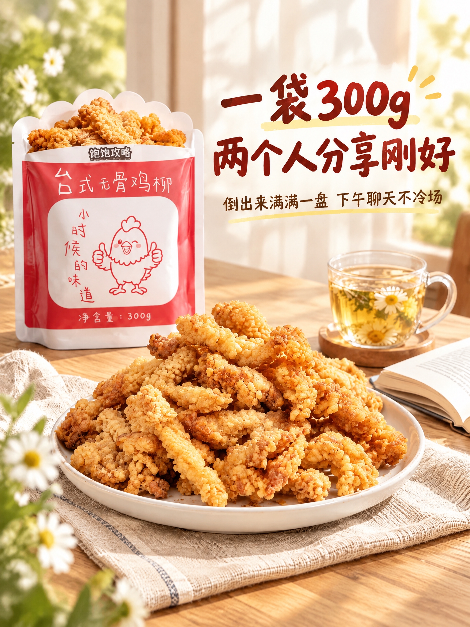 基于原图重新构图为3:4竖版，保持画面主体、鸡柳盘、包装袋、花… - 图片创意预览