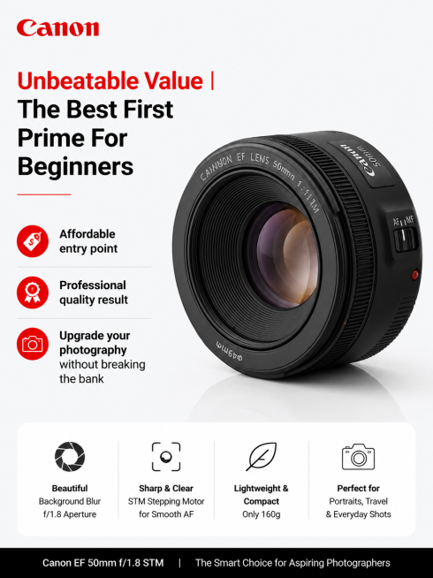 根据佳能EF50 f/1.8 STM产品图「图片1」「图片1」「图片1」「图片1」「图片1」「图片1」「图片1」生成6张带场景突出产品卖点的速卖通主图，设计一套完整的8屏详情页，需要每屏详情页都突出产预览效果