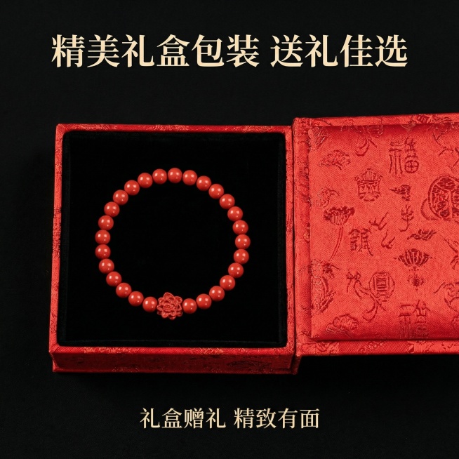 [主图 6] 包装展示送礼属性
[氛围/风格] 精致高级，凸显礼品属性
[画面元素] 保持红砂朱砂莲花手串外观不变，手串放置在打开的国风锦盒中，锦盒为红色暗纹绸缎材质，内部衬托黑色绒布，手串摆放整齐，预览效果