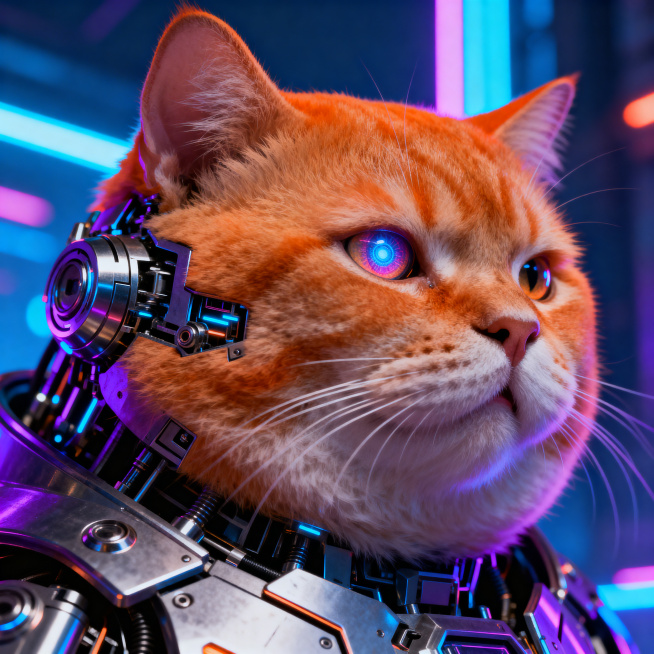 一个胖橘猫的头部，猫老大形象，赛博朋克风格，霓虹灯光，未来科技感，机械义眼，金属质感，蓝紫橙撞色光影，细节丰富，高对比度预览效果