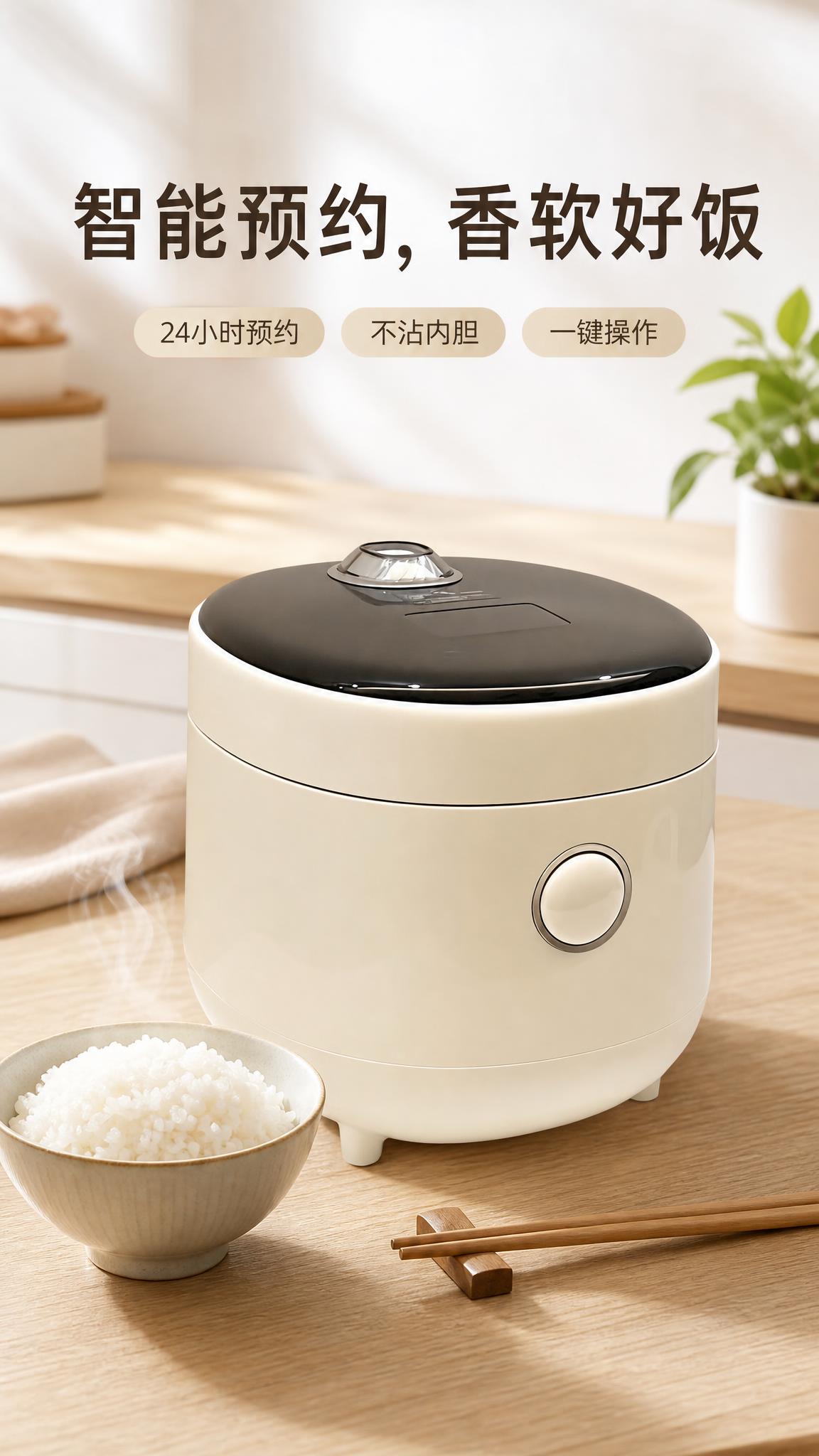 电饭煲电商海报，现代简约风格，主色调白色和浅木色，温馨家庭氛围… - 图片创意预览