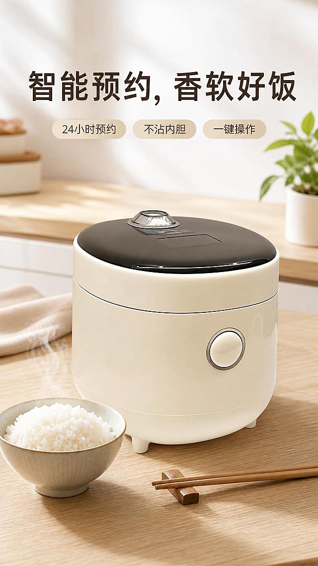 电饭煲电商海报，现代简约风格，主色调白色和浅木色，温馨家庭氛围。画面中下部为主体：一台米白色电饭煲（100%还原上传商品图的外形、颜色、结构、黑色顶盖、圆形按钮、整体比例与材质质感，以上传图为唯一商品主体来源），电饭煲旁边摆放一碗香喷喷的白米饭，米饭冒着热气，旁边放一双木质筷子。背景是明亮整洁的浅木色厨房台面，右上角有一小盆绿色植物点缀，柔和的自然光从侧前方洒入，营造温暖干净的居家氛围。画面上方大字标题："智能预约，香软好饭"，字体简洁现代，深灰色或深木色。标题下方小字卖点："24小时预约 / 不沾内胆 / 一键操作"，用三个小标签或短句横向排列。整体画面干净诱人，突出产品便捷与米饭美味，版式精美，商品主体占比约55%~65%，文字不遮挡主体。写实商业摄影风格，超高清画质，柔和光影，浅景深。画面中所有数字必须精确渲染，不得错位、遗漏或编造。