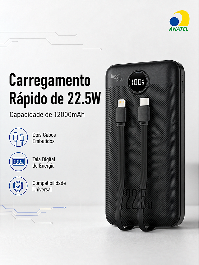 [Tela 1] Página de abertura - Carregamento Rápido Power Bank de 22.5W. [Estilo de atmosfera] Estilo comercial minimalista e profissional, fotografia de alta qualidade, textura premium. [Layout de elementos] O power bank preto da imagem original é colocado no lado direito da tela, ocupando 65% da área principal. Mantenha a estrutura física, textura de textura de tecido diagonal, cor preta, duas cabeças de carregamento embutidas (USB-C e Lightning), tela de exibição de energia digital e outros detalhes consistentes com a imagem do usuário. O lado esquerdo é a área de texto, fundo com gradiente cinza claro, linhas de decoração tecnológica simples. [Textura de luz e sombra] A luz principal suave é iluminada da esquerda, destacando a textura da superfície do produto, com sombra natural, produto claro e realista, imagem de alta definição. [Paleta de cores] Cor de fundo global: #F5F5F5; Cor principal: #1A1A1A (preto do produto); Cor auxiliar: #2E5AAC (azul tecnologia). [Composição de perspectiva] Perspectiva de nivelamento, profundidade de campo rasa, o produto é proeminente, texto não bloqueia o produto principal. [Layout de texto] Todos os textos em português do Brasil, sem caracteres chineses. Título principal "Carregamento Rápido de 22.5W", fonte preta grossa, alinhamento à esquerda, tamanho da fonte ocupa 12% da largura da imagem. Subtítulo "Capacidade de 12000mAh", tamanho da fonte 60% do título principal, abaixo do título principal. Três pontos de venda abaixo: "Dois Cabos Embutidos", "Tela Digital de Energia", "Compatibilidade Universal", cada ponto de venda corresponde a um pequeno ícone tecnológico, ícone + texto, alinhamento vertical à esquerda. Canto superior direito tem o selo de certificação "ANATEL". [Proporção e resolução] Proporção vertical de 4:3, resolução 2K, texto claro e identificável, ultra-alta definição. [Palavras de aviso negativas] deformação, texto ilegível, marca d'água, produto embaçado, fundo bagunçado, cor distorcida