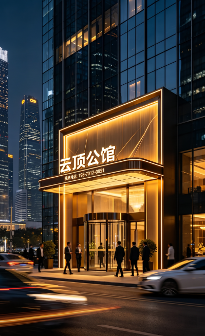 修改图片中的招牌，去掉地名，将原来的文字“八克拉公馆”换成新名称“云顶公馆”，将电话“153-6929-7234”替换为“198-7012-0851”，保持原图片的建筑外观、夜景灯光、整体风格和布局不预览效果