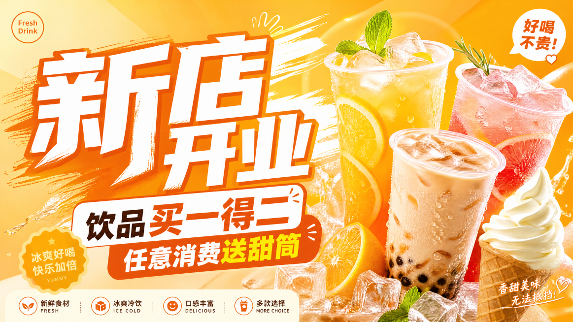 饮品店新店开业电视屏幕宣传海报，风格活泼活力，以橙黄暖色调为主，画面展示冰爽饮品和奶甜甜筒，大字突出"新店开业"，清晰写着促销文案"饮品买一得二，任意消费送甜筒"，横屏适合电视播放，设计简洁吸睛预览效果