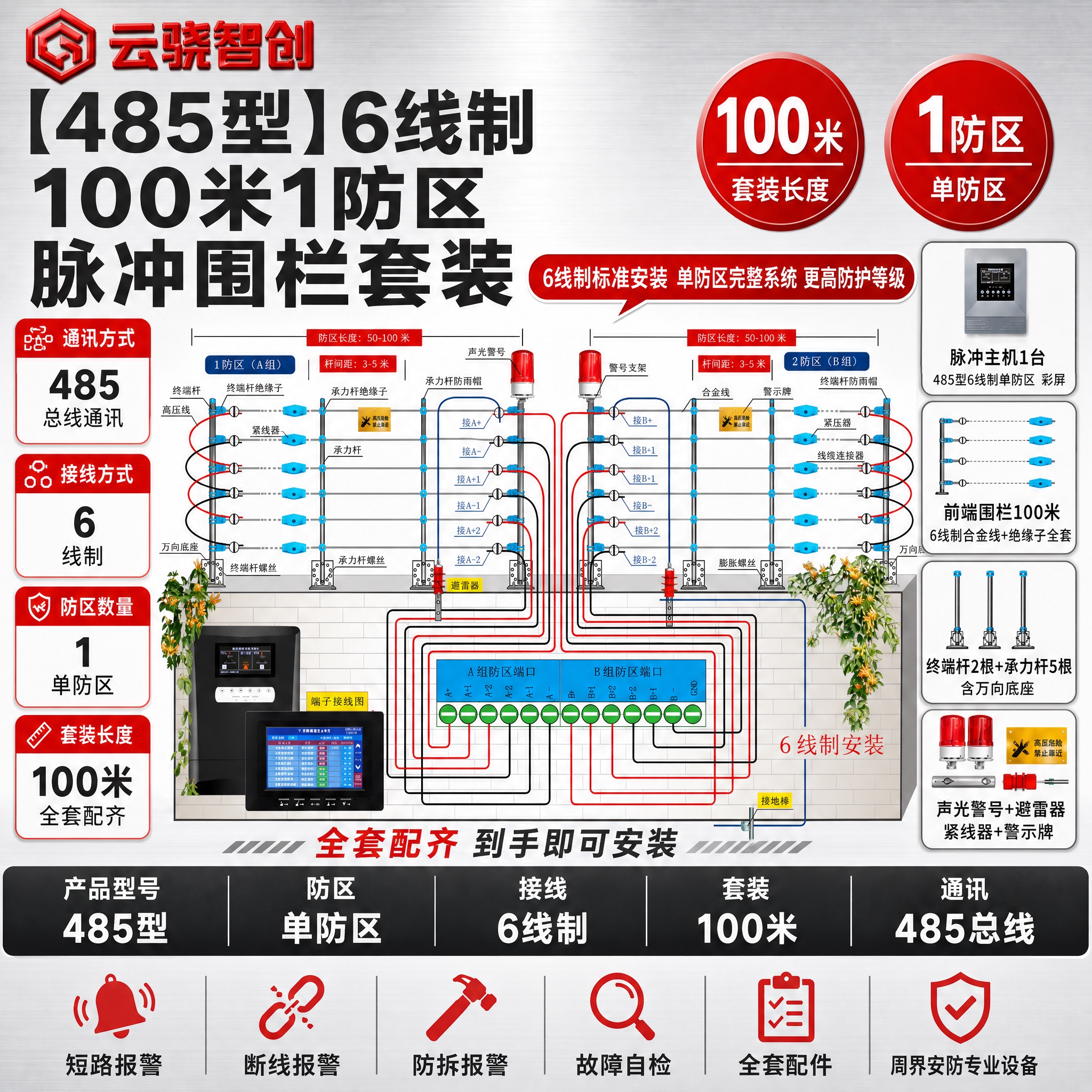 [单张主图] 【485型】6线制【100米】1防区脉冲围栏套装… - 图片创意预览