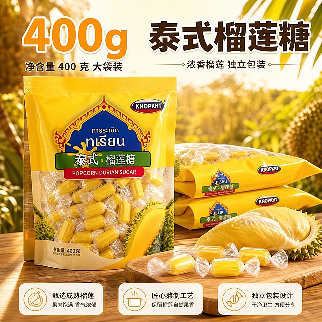 [主图-2] 泰式榴莲糖 亮点与溯源图，唯一任务：传达 400g 大袋装分量实在与榴莲果香来源。统一基调：暖黄榴莲色系美食摄影，背景主色为暖黄与浅木棕，标题字色深棕 #4A2C0A 配米白描边，辅助字色深棕，强调色金橙 #FFA51F，标题统一粗黑体、说明统一细黑体，组件为圆角米白小卡与金橙细线图标。画面：1:1 方形构图，中远景为暖阳下虚化的热带榴莲果园氛围，含榴莲树冠、棕榈叶与明亮天光，作为环境氛围不写产地宣称；前景居中偏左立体陈列一袋直立的 400g 泰式榴莲糖包装袋，包装外观、蓝色纹样、绿色“泰式·榴莲糖”标签与 KNOPKHT 标识、400 克净含量字样均与输入图一致，右侧后方品字形堆叠同款同色同规格袋装两袋作为分量衬托；前方浅木砧板上摆放一瓣剥开的金黄榴莲果肉与数颗独立包装的黄色玉米造型糖果。上方三分之一为文字留白区。产品视角平视，产品群占画面约 65%。光影质感：自然暖阳逆光，果肉金黄通透带湿润光泽，袋身塑料反光自然，砧板与糖果有真实接触阴影。配色：暖黄基调加浅木棕与叶绿环境色。文字版式：上方横排，超大号金橙数字“400g”配下方小字“净含量 400 克 大袋装”，主标题“泰式榴莲糖”深棕加米白描边，副标“浓香榴莲 独立包装”字号缩小一半以上；文字不遮挡产品与袋身文字，无逗号，词组用空格断行，禁止竖排。输出要求：1:1 比例，产品清晰无变形无色差，文字清晰可读。负向：变形、错字、乱码、模糊、背景杂乱、水印、平台 Logo、绝对化用语、悬浮感、白底残留、多余手指、畸形手，不出现任何平台或产地认证标志。