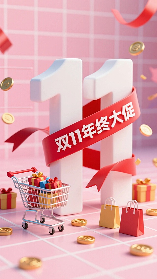 画面中有巨大的白色立体 “11” 数字，缠绕着印有 “双11年终大促” 的红色丝带。旁边是装满礼盒、购物袋的购物车，周围点缀金币、礼盒和购物袋等元素，粉色网格背景，促销氛围