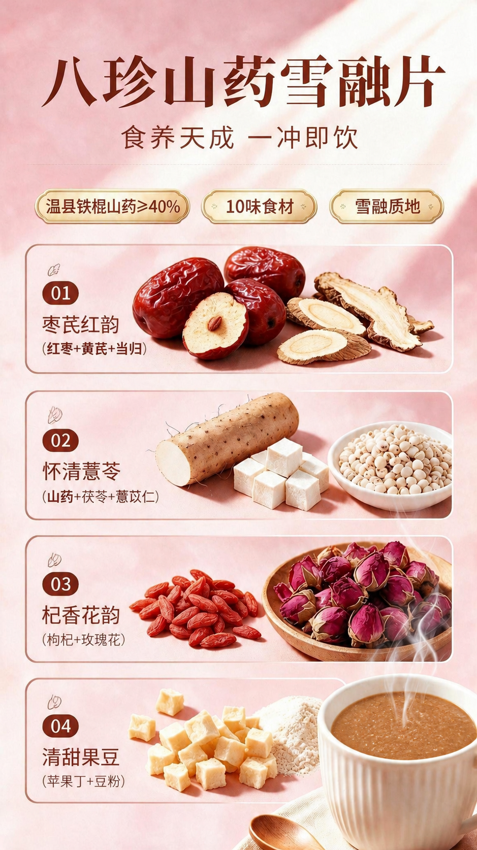 基于第一张图，将右下角白色杯子里八珍山药雪融片溶解后的液体颜色… - 图片创意预览