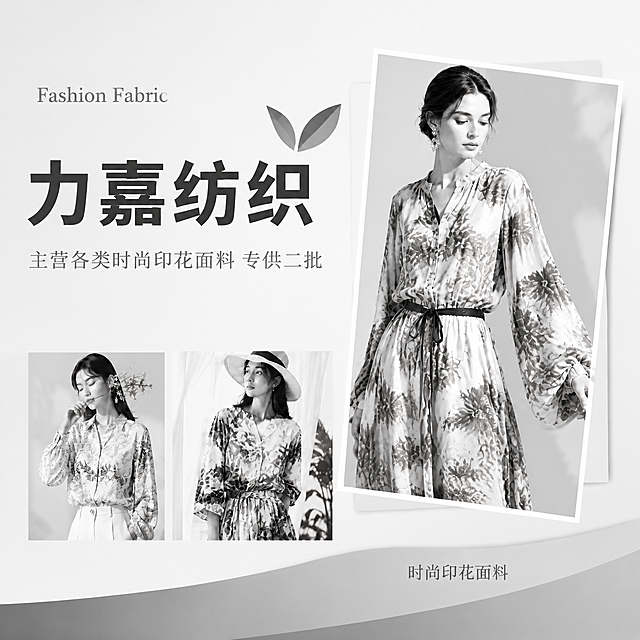 保留参考图的版式结构和构图不变，将整体配色方案更换为简约黑白灰高级极简风格。背景改为浅灰色到白色的渐变，整体色调以黑白灰为主，干净利落。主标题"力嘉纺织"改为深灰近黑色，副标题和英文小字改为中灰色。绿色小叶子装饰元素改为深灰色几何图形装饰。所有模特服装更换为黑白灰调的时尚印花款式，印花以黑白灰层次呈现，高级简约有质感。底部渐变条改为深灰色到浅灰色过渡。整体风格极简高级，干净大气，符合高端品牌调性。保留文字："Fashion Fabric"、"力嘉纺织"、"主营各类时尚印花面料 专供二批"、"时尚印花面料"。画面中必须完整呈现以上文字信息。