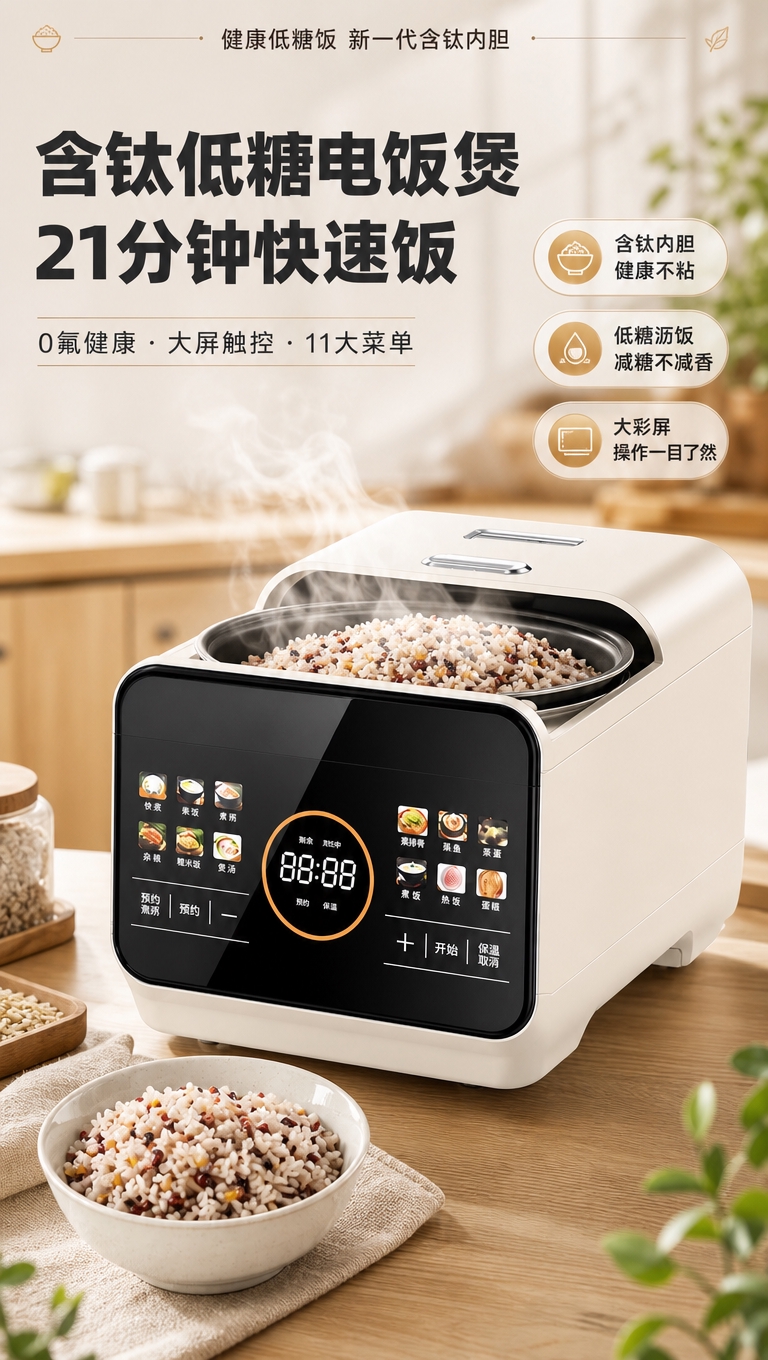 [商品] 使用【图1】米白色智能电饭煲；保留方圆形机身、顶部双… - 图片创意预览