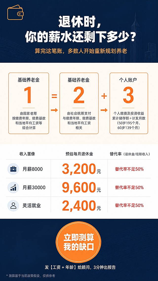 竖版手机信息卡片，9:16比例，养老金计算科普主题，简洁现代财经插画风格，商务杂志质感，非卡通风格，主色调深蓝色#1A2A4A搭配橙色#FF6B35高亮，干净留白充足，数字醒目，金融理财信任感。画面从上到下分为四个区域：

【顶部区域 占1/5】深蓝色背景，中央偏上位置大号白色粗体标题文字"退休时，你的薪水还剩下多少？"，标题下方橙色小字副标题"算完这笔账，多数人开始重新规划养老"，左上角有一个简洁的钱包线条图标。

【中部区域 占2/5】浅米白色背景，三个并排的橙色边框卡片展示公式"退休金 = 基础养老金 + 个人账户"，每个卡片内有大号数字和简短文字说明，卡片之间用橙色箭头连接，整体布局均衡。

【下方区域 占1/5】白色背景，表格形式展示三行收入画像对比：第一行"月薪8000"、第二行"月薪30000"、第三行"灵活就业"，每行对应一个预估退休金数字，数字用大号橙色粗体突出显示，右侧用红色小字标注"替代率不足50%"警告。

【底部区域 占1/5】深蓝色背景，中央放置醒目的橙色圆形按钮，按钮内白色粗体字"立即测算我的缺口"，按钮下方一行白色小字"发【工资 + 年龄】给顾问，3分钟出报告"，最底部角落一行浅灰色极小字"* 测算基于当前政策假设，仅供参考"。

整体风格：商务杂志风，简洁现代，金融专业感，排版规整，层次分明，留白充足，色彩对比清晰。