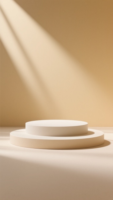 极简禅意中国风展台设计，展台居中放置，由上下两层浅色圆润几何平台构成，主色调为米白色与暖米色渐变，柔和自然光从左上角斜射形成清晰光影线条与投影，背景为纯色米黄色，整体营造宁静、简约、雅致的东方禅意氛围，具有极高的视觉层级与信息传达效率，设计感十足。预览效果