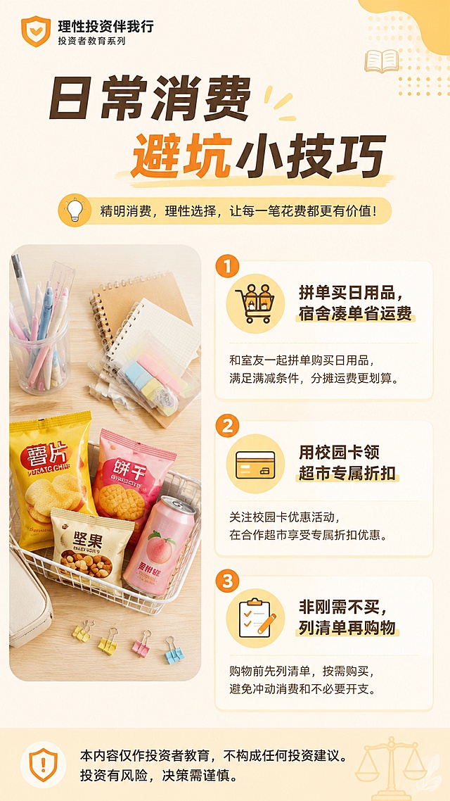 生成一张金融行业每日常态化理性投教海报。物料类型：图解海报
主题：日常消费避坑
面向人群：青年学生群体
标题：日常消费避坑小技巧
版式：左图放置平价文具和零食的实拍图，右图排列三个知识点文字，文字排版清晰、模块分区明确
核心知识点：
1. "拼单买日用品，宿舍凑单省运费"
2. "用校园卡领超市专属折扣"
3. "非刚需不买，列清单再购物"
视觉流派：扁平科普
画面比例：9:16竖版，交付1080x1920
画面结构：顶部标题区、中部核心图文区、底部风险提示区
LOGO位置：仅顶部信息区，放置在左上角
主色方案：理财消费主题，使用黄、橙色系，暖米白底浅橙色点缀
版式要求：信息层级清晰，主标题醒目，正文分区明确，留白充足，左图右侧文字模块分点排列，每个知识点配小图标区分
元素要求：使用简约矢量图标，禁止高饱和营销元素与无关装饰，同一元素在单图中最多出现2次
合规要求：底部独立风险提示区清晰可读，内容为"本内容仅作投资者教育，不构成任何投资建议。投资有风险，决策需谨慎。"，不得删除、遮挡或弱化
纯净要求：无水印、无手机状态栏、无边框、无截图效果
要求：单图单点表达、信息层级清晰、表达通俗克制，不出现收益承诺、具体产品推荐、买卖指令或个性化配置建议；生成完整9:16竖版投教图解海报