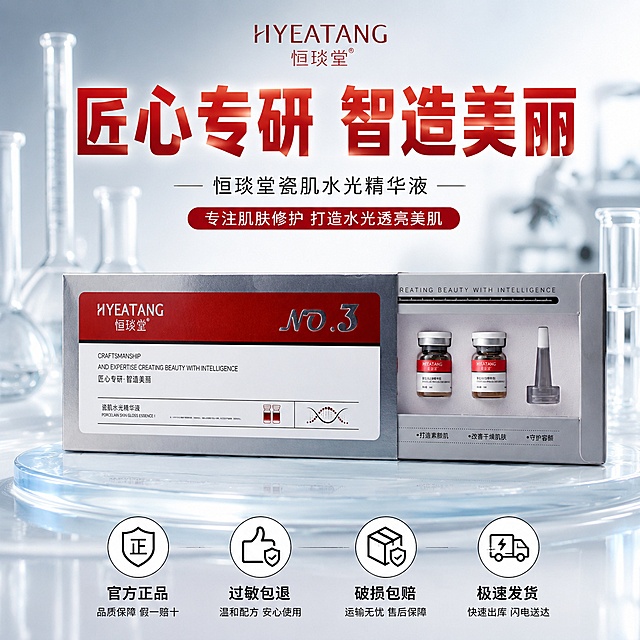 [主图-9] 恒琰堂瓷肌水光精华液品牌促销信誉展示。
[氛围风格] 品牌大气，促销氛围浓厚，拼多多风格
[画质] 高清海报排版，质感高级
[元素] 背景采用高级虚化的实验室玻璃器皿背景，营造专业科研氛围；中心放完整产品礼盒，保持产品外观颜色质感与原图一致，产品居中放大突出。四个服务图标放在底部，分别是官方正品、过敏包退、破损包赔、极速发货，图标搭配文字，清晰直观。元素丰富，层次分明，品牌感强。
[光影] 中心产品加柔光突出，背景虚化柔和，整体亮调干净，光影过渡自然。
[配色] 背景浅灰蓝渐变，产品红银对比突出，底部图标黑白配色清晰，整体高级和谐。
[视角构图] 中心产品上下结构，平视视角，产品完整展示。
[文字版式] 顶部放超大加粗品牌slogan匠心专研 智造美丽，红色大字醒目；底部每个图标搭配黑色说明文字，清晰易读，文字不遮挡产品主体。
[输出要求] 1:1比例，文字清晰可辨，超高清海报质感，宽度2048px高度2048px。
[负向提示词] 变形，文字错乱，遮挡产品主体，水印，电商平台Logo，绝对化违禁词。