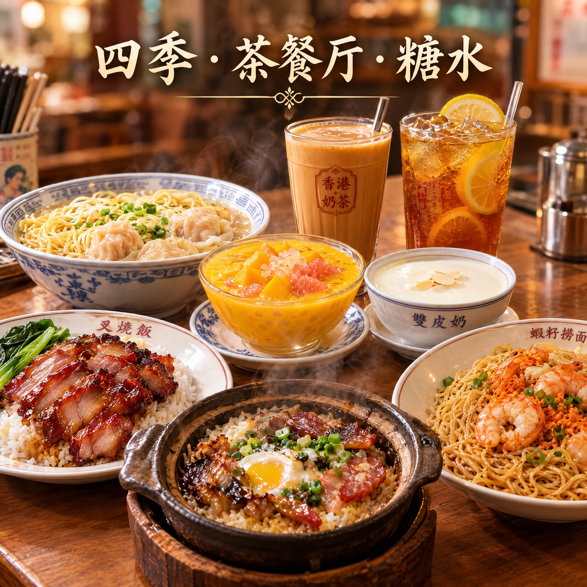 茶餐厅品牌头像设计，正方形构图，画面中央是精致的港式美食组合写… - 图片创意预览