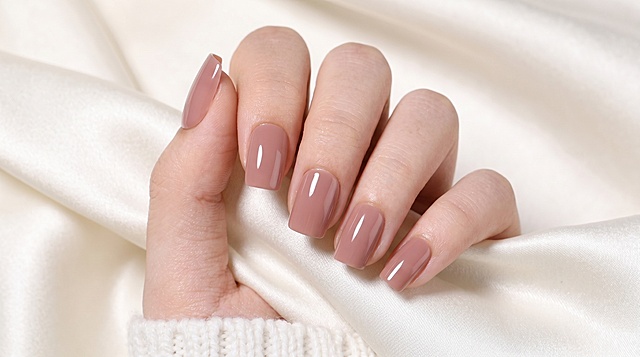 一个浅肤色年轻女孩的手，手指微微卷曲自然重叠，手上戴着与参考图一致的豆沙色端方穿戴甲，8K超高清分辨率，柔和漫射阴影，指甲细节清晰对焦，精致极简美学，优雅地放置在奶油白丝绸布上，自然过渡，透视合理