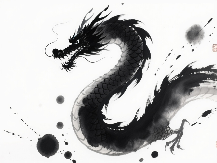 一幅中国传统水墨画风格的抽象墨韵作品，画面主体为一条蜿蜒流动的墨色巨龙，龙身由浓淡不一、层次丰富的黑色墨团构成，龙头墨色厚重深沉，龙尾向外逐渐晕染开灰黑色的渐变过渡，龙鳞边缘呈现出自然的毛边效果。巨龙周围散布着大小各异、形态不规则的墨点和飞溅状墨痕，有的墨点圆润饱满如星辰，有的呈细长的飞溅线条似龙须，有的则是模糊的墨晕若云雾，共同构成富有动感和节奏感的整体布局。背景为纯净的白色，凸显墨色的纯粹……预览效果