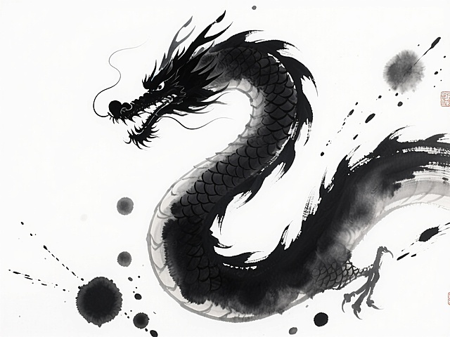 一幅中国传统水墨画风格的抽象墨韵作品，画面主体为一条蜿蜒流动的墨色巨龙，龙身由浓淡不一、层次丰富的黑色墨团构成，龙头墨色厚重深沉，龙尾向外逐渐晕染开灰黑色的渐变过渡，龙鳞边缘呈现出自然的毛边效果。巨龙周围散布着大小各异、形态不规则的墨点和飞溅状墨痕，有的墨点圆润饱满如星辰，有的呈细长的飞溅线条似龙须，有的则是模糊的墨晕若云雾，共同构成富有动感和节奏感的整体布局。背景为纯净的白色，凸显墨色的纯粹与张力，整体营造出空灵、洒脱、富有东方禅意的艺术氛围，展现出水墨在宣纸上自然晕化渗透的独特质感和写意精神。