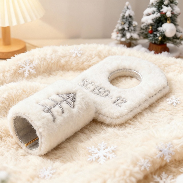 将图示商品变成毛绒绒质感，瓶身有精致刺绣文字与图案，还原商品颜色细节。放在米白色毛绒毯上（点缀雪花装饰），背景为台灯、积雪圣诞树摆件。