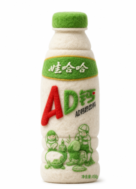 保持娃哈哈AD钙奶瓶的饮料内容和所有文字图案颜色不变，将瓶身转换为3D毛毡风格，保持纯白色背景预览效果
