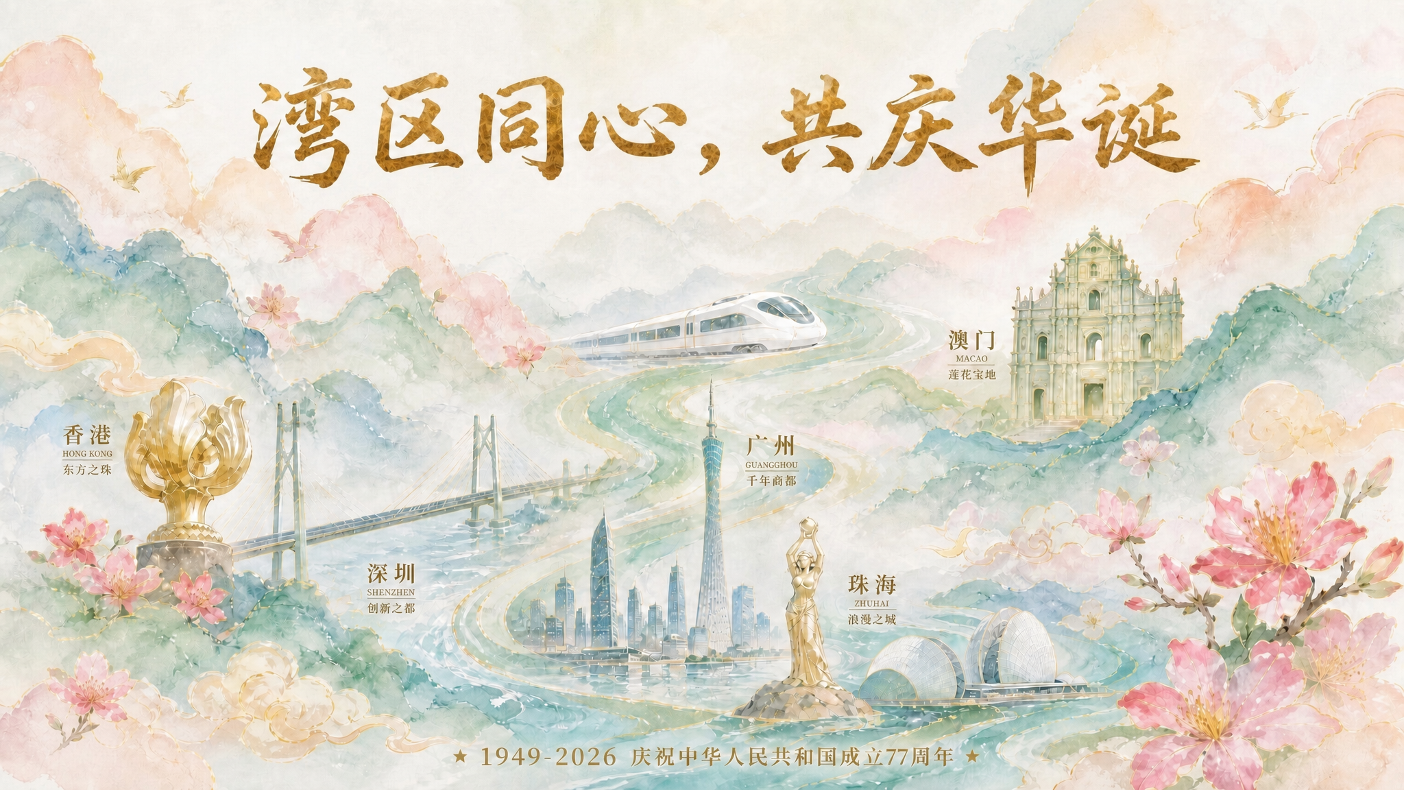 将画面顶部的大标题文字由"粤港澳大湾区 国庆献礼"替换为"湾区… - 图片创意预览