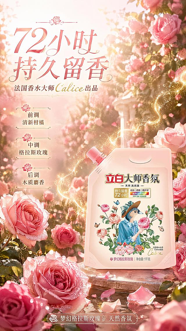 [第4屏] 详情页72小时持久留香展示-立白大师香氛洗衣液香调氛围。本屏使用【图1】作为商品主体。
[氛围/风格] 法式浪漫香氛风，玫瑰花园氛围感，梦幻柔美，高级香水广告质感。
[元素布局] 产品位于画面右下侧，占比约30%；左侧及上方大面积盛开的格拉斯玫瑰花海，粉色、玫红色玫瑰层层叠叠，有露珠点缀；金色香氛粒子从玫瑰和产品中飘散而出，形成流动的香气轨迹；背景是柔焦的花园远景，阳光透过花瓣洒下斑驳光影。
[光影质感] 侧上方暖金色逆光，花瓣边缘透光，产品有金色轮廓光，香氛粒子有发光效果，整体温暖梦幻。
[配色色系] 全局底色 #FFE4E1 玫瑰粉金渐变；主色玫瑰粉 #E88B9D；辅助色金色、暖白、深绿叶片。
[视角构图] 右下方产品+左侧花海的对角线构图，阅读动线左上标题 → 中部花海香气 → 右下产品。
[文字版式] 左上主标题「72小时持久留香」，副标题「法国香水大师Calice出品」，优雅花体字搭配衬线字体，玫瑰金渐变；中部香调说明三层：「前调 清新柑橘」「中调 格拉斯玫瑰」「后调 木质麝香」，竖向排列；底部小字「梦幻格拉斯玫瑰 天然香氛」，文字不遮挡产品主体。
[比例分辨率] 9:16竖版比例，4K分辨率，文字清晰可辨，高清画质。
[负向提示词] 产品变形，包装文字错乱，水印，文字过小，颜色偏差，背景杂乱。