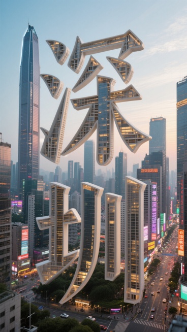 文字“深圳”的所有笔画都由地标建筑构成，背景是城市预览效果