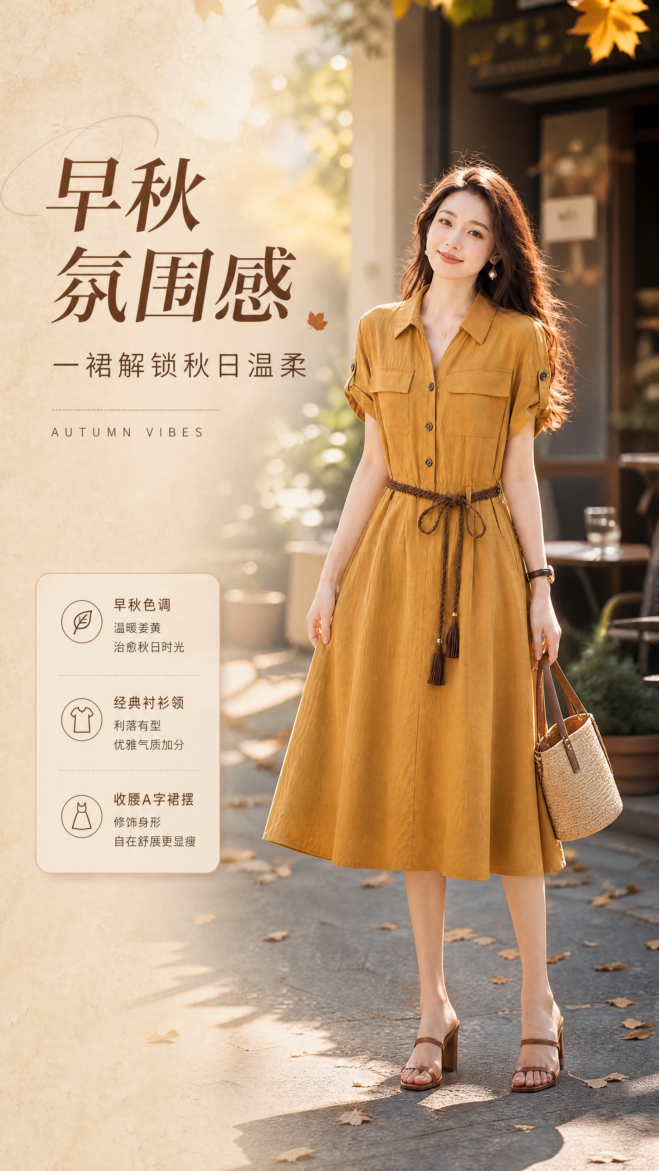 [商品] 使用【图1】姜黄色衬衫领收腰中长连衣裙；商品处理：保… - 图片创意预览