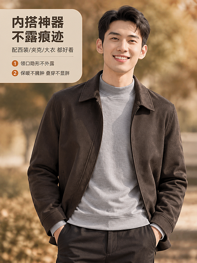 [商品] 使用【图3】浅灰色膨体德绒半高领上衣男士模特图；商品处理：保留半高领设计、长袖、浅灰色德绒面料和版型；自然理顺衣身褶皱，增强面料纹理和质感，不改变颜色和结构。
[画面] 目标：内搭叠穿场景展示，给模特外搭一件简约深色夹克/风衣外套，露出半高领领口和袖口，展示内搭效果，亚洲男士站在秋日户外，背景暖调虚化，产品内搭状态占画面约65%。
[视觉] 套系策略：风格=国内电商高级A+暖调秋冬商业摄影；标题字=现代无衬线粗黑体；正文字=简洁无衬线体；主色=深咖暖棕；背景延展=基于深咖暖棕做深浅层级、同色渐变和细腻织物/纸张质感，暖调光影；强调色=焦糖橘，仅用于小面积图标、引线和标签；标题色=深炭灰；正文色=中暖灰；组件=圆角浅底信息卡、细线引线、暖调图标；光影=右前侧暖柔光。
[文字] 左上角小信息卡：主标题"内搭神器 不露痕迹"，副标题"配西装/夹克/大衣 都好看"，2个卖点"①领口隐形不外露""②保暖不臃肿 叠穿不显胖"，文字横排，不遮挡模特脸部。
[规格] 图片比例3:4竖版（移动端），4K，medium，避免变形、错字、文字过小、冷蓝背景、衣服颜色改变、外套风格违和。