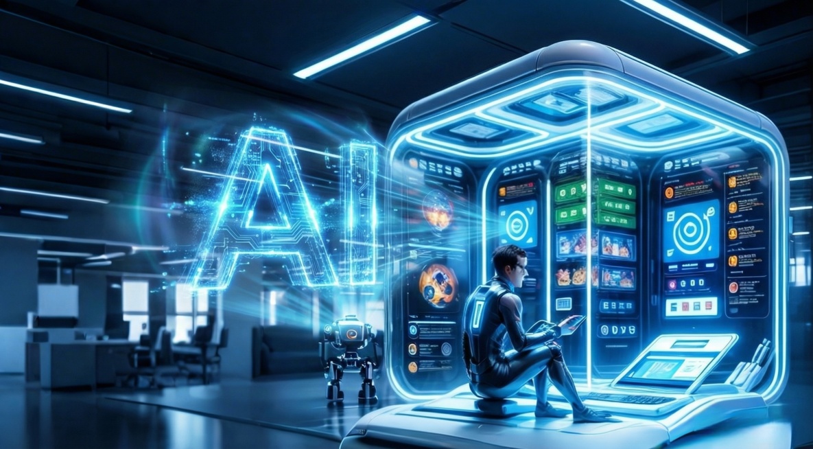 在人的前方 加一个大的 Ai  字母 科技感十足，科技全息投影效果预览效果