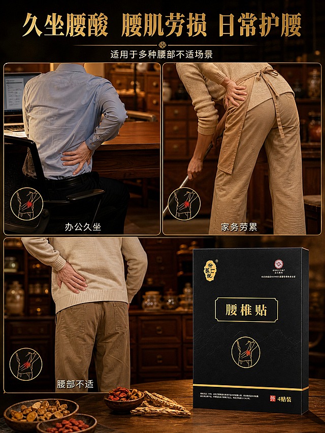 [主图-4 包装盒适用场景] 多场景适用图，突出日常护腰的多种使用场景。
[统一基调] 中式古法药铺黑金品质风，深木色药柜背景虚化，暖黄色药铺灯光，主标题金色粗体宋体，辅助文字米白色细黑体，强调色为烫金，整体专业靠谱、古法传承氛围。
[画面] 画面采用三宫格拼图布局，展示三个不同的腰部不适场景：左上格展示办公久坐场景（人物坐在电脑前，手扶腰部，只展示背部和腰部，不露脸）；右上格展示家务劳累场景（人物弯腰做家务，腰部不适，只展示下半身和腰部）；下方大格展示中老年腰部不适场景（人物站立扶腰，只展示腰部以下）。每个场景格都有一个小的腰椎贴图标叠加，表示该场景适用。画面右下角放置一盒腰椎贴包装盒，占画面约25%。背景整体为老药铺暖光虚化基调，三格场景用金色细边框分隔。
[光影质感] 商业摄影质感，每个场景光线自然真实，人物动作自然，包装盒质感清晰，整体统一温暖。
[配色] 整体暖调，场景自然色彩，边框和图标金色，标题金色，辅助文字米白色，产品黑金配色，统一协调。
[文字版式] 画面最上方大标题"久坐腰酸 腰肌劳损 日常护腰"，烫金色粗宋体。三个场景格内分别标注"办公久坐""家务劳累""腰部不适"，米白色细黑体，放在格内底部。文字不遮挡主体。
[输出要求] 比例3:4，文字清晰可读，场景真实自然，人物动作自然无畸形，无错字，无水印，无平台Logo，画面信息丰富有代入感。