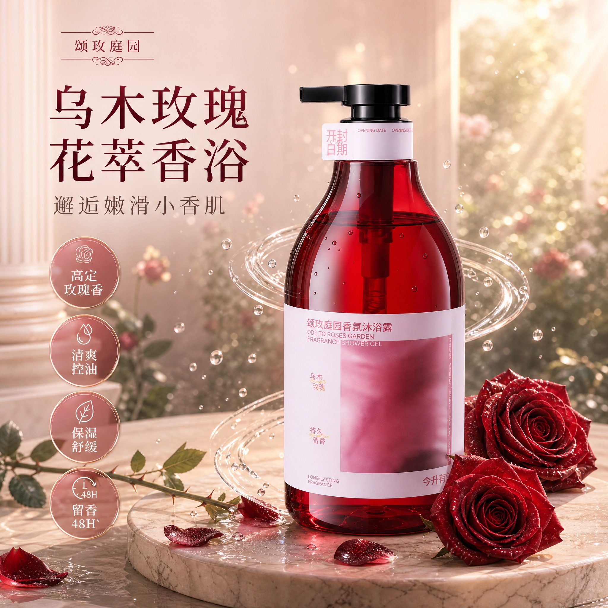 [主图-1] 首图品牌调性，乌木玫瑰香氛沐浴露高级静物展示，传… - 图片创意预览
