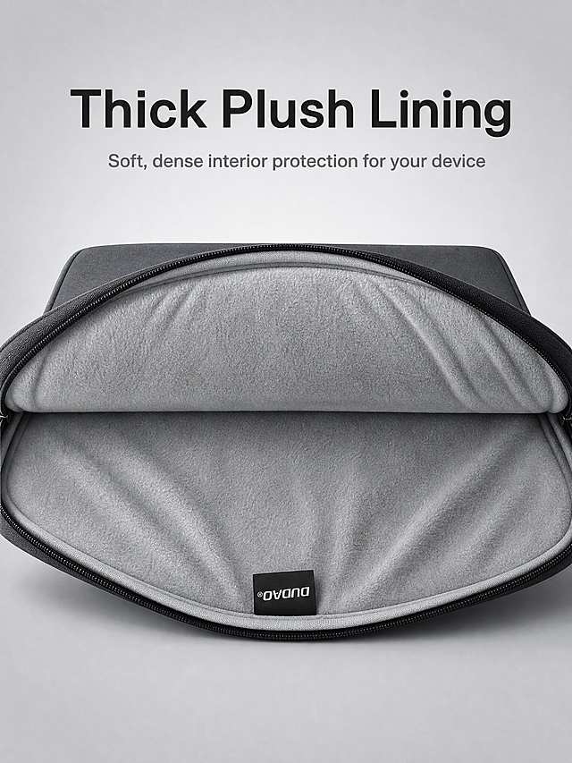 [Main Image 2] Showcase the thickened fleece lining卖点. Open the laptop sleeve, highlight the plush inner lining. Keep product appearance consistent with the original image. Background is light gray gradient, business style. Add the text "Thick Plush Lining" at the top. Large main title, small auxiliary text. All text is in English. Commercial photography, soft light, clear texture. 3:4 ratio, 2K resolution. Negative prompt: Deformation, watermark, text confusion, blurred product image, messy background.