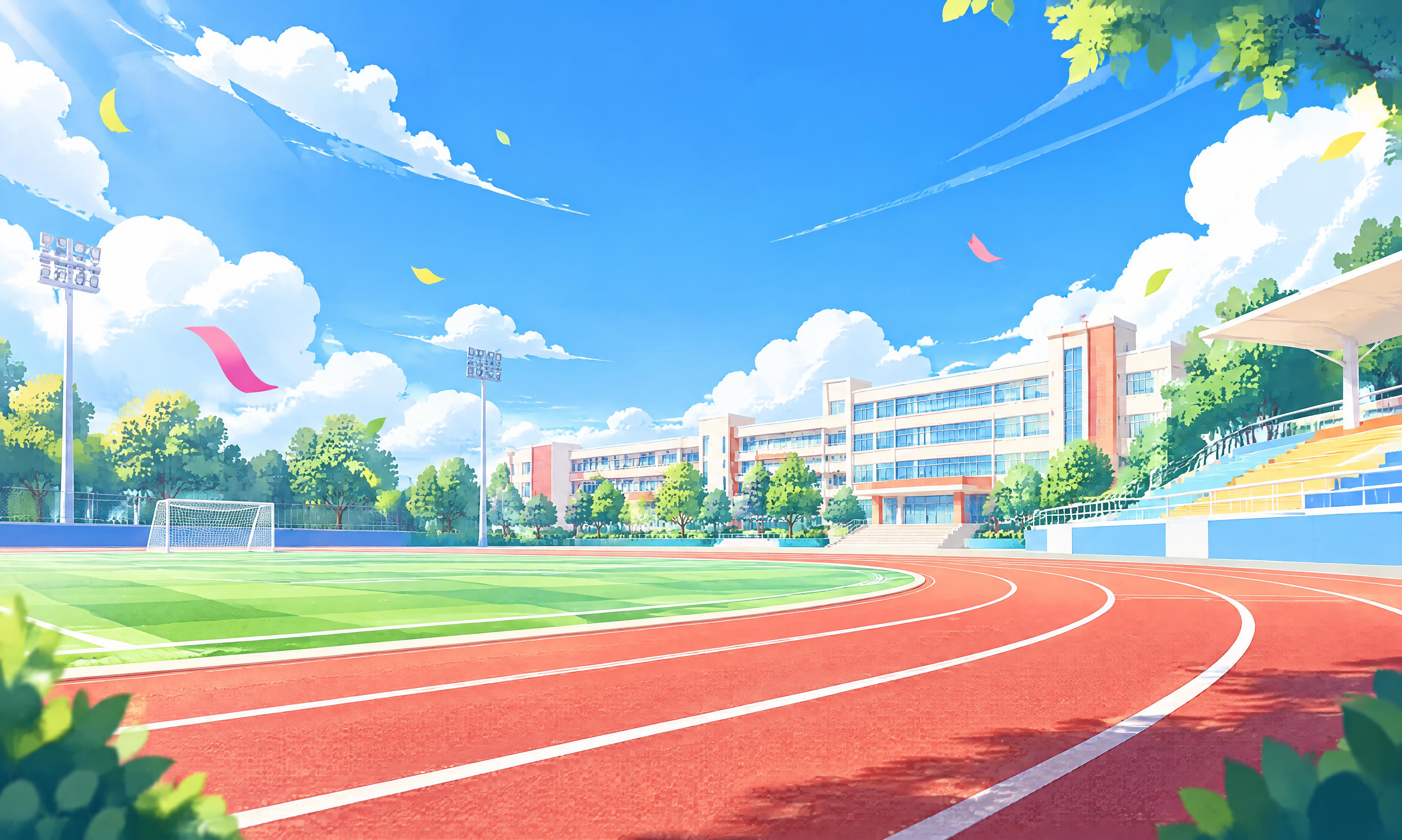 学校运动会海报背景，蓝天白云，教学楼，操场跑道，青春活力的校园… - 图片创意预览