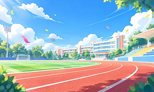 学校运动会海报背景，蓝天白云，教学楼，操场跑道，青春活力的校园场景，扁平插画风格，色彩明亮清新，画面中不要出现任何文字，不要出现人物