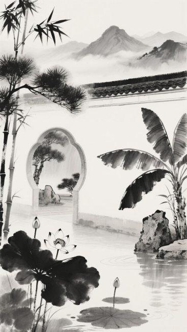 中国水墨画风格，黑白灰三色渲染，以浓淡不一的墨色描绘不同形态的古风背景：其一为疏朗的翠竹枝干，竹叶以写意笔触挥洒，墨色从浓黑到淡灰渐变，笔触间留有飞白，展现竹子挺拔气节；其二是远山含黛，云雾缭绕，以淡墨晕染出山峦轮廓，近景点缀几株苍松，松针用焦墨勾勒，营造悠远空灵意境；其三为古典园林一角，白墙黛瓦，月洞门旁植有芭蕉，蕉叶阔大，以湿墨渲染叶片层次，墙角点缀几块湖石，线条古朴简练；其四是水墨荷花池……预览效果