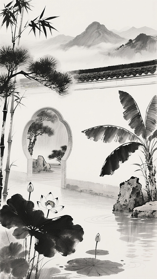 中国水墨画风格，黑白灰三色渲染，以浓淡不一的墨色描绘不同形态的古风背景：其一为疏朗的翠竹枝干，竹叶以写意笔触挥洒，墨色从浓黑到淡灰渐变，笔触间留有飞白，展现竹子挺拔气节；其二是远山含黛，云雾缭绕，以淡墨晕染出山峦轮廓，近景点缀几株苍松，松针用焦墨勾勒，营造悠远空灵意境；其三为古典园林一角，白墙黛瓦，月洞门旁植有芭蕉，蕉叶阔大，以湿墨渲染叶片层次，墙角点缀几块湖石，线条古朴简练；其四是水墨荷花池，荷叶以泼墨法绘出，浓淡相间，荷花或含苞或盛放，花蕊用细笔勾勒，水面以淡墨扫出波纹，整体画面气韵生动，留白恰到好处，尽显东方水墨的写意韵味与古典雅致。