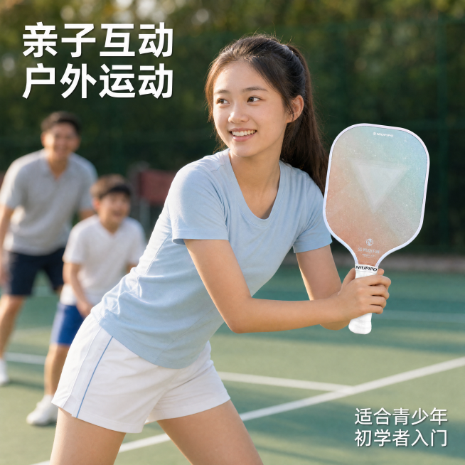 [主图-4] 匹克球拍亲子户外使用场景图
[氛围风格] 真实自然生活方式，青春亲子活力
[画质] 纪实商业摄影，画面清晰通透，真实自然
[元素] 青少年女生手持匹克球拍在户外球场，球拍保持原产品外观颜预览效果